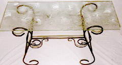 8mm glass kiln-formed table top on wrought iron legs